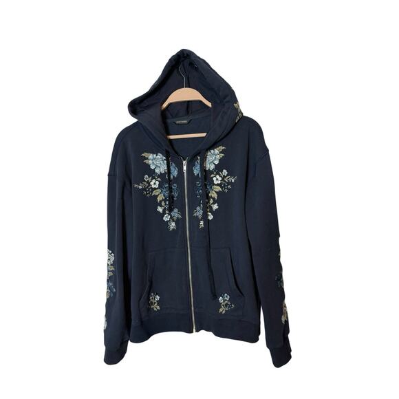 DRIFTWOOD Tops - Driftwood Hoodie Floral Embroidered Zip-Up in Blue Size large